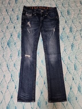 Rock Revival Women's Dark Blue Boot Cut Jeans with Distressed Detail
